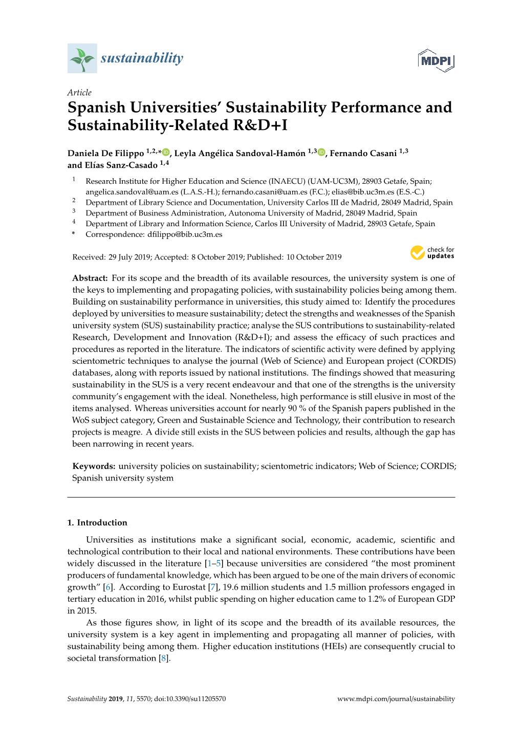 Spanish Universities' Sustainability Performance and Sustainability-Related R&D+I