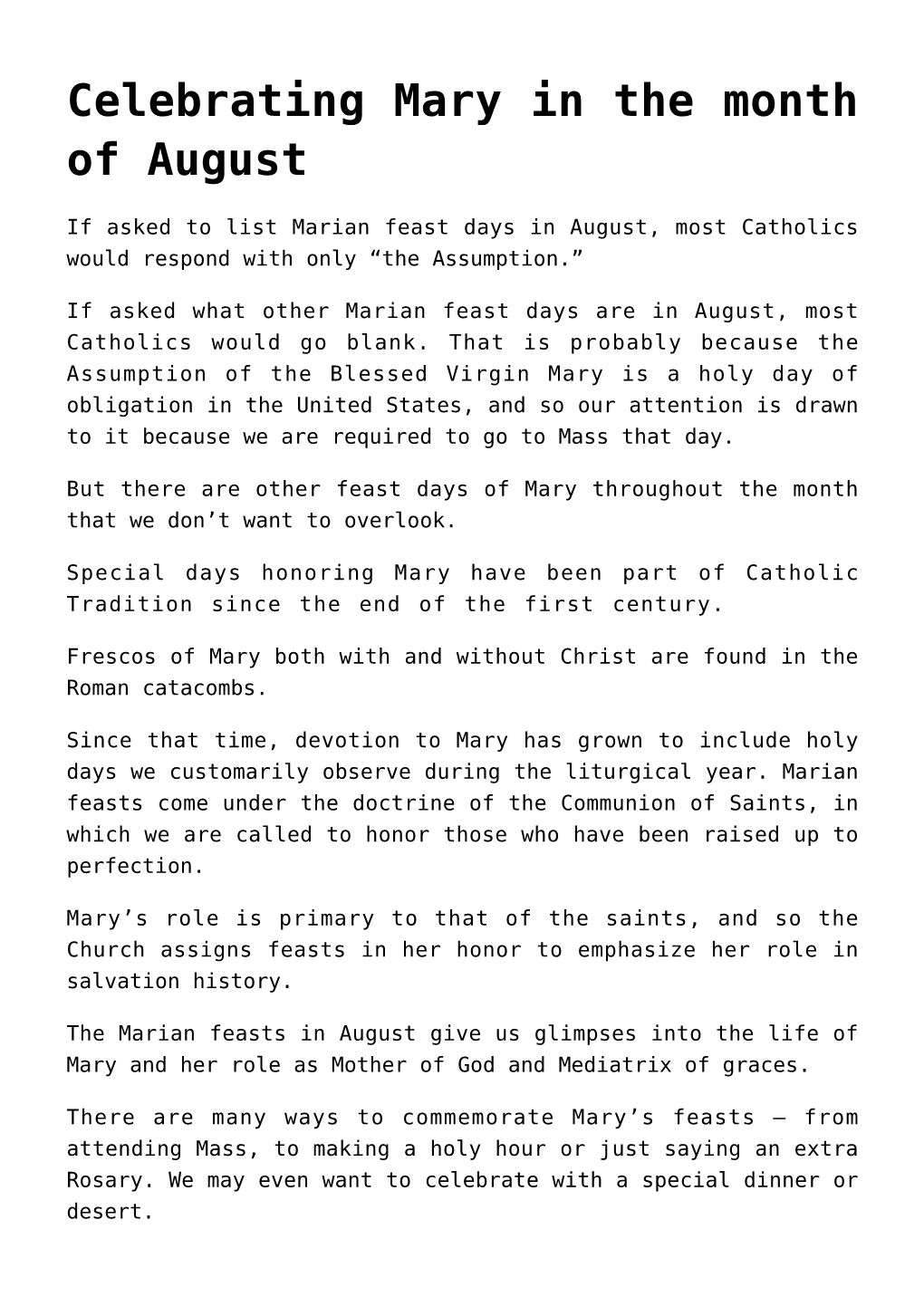 Celebrating Mary in the Month of August