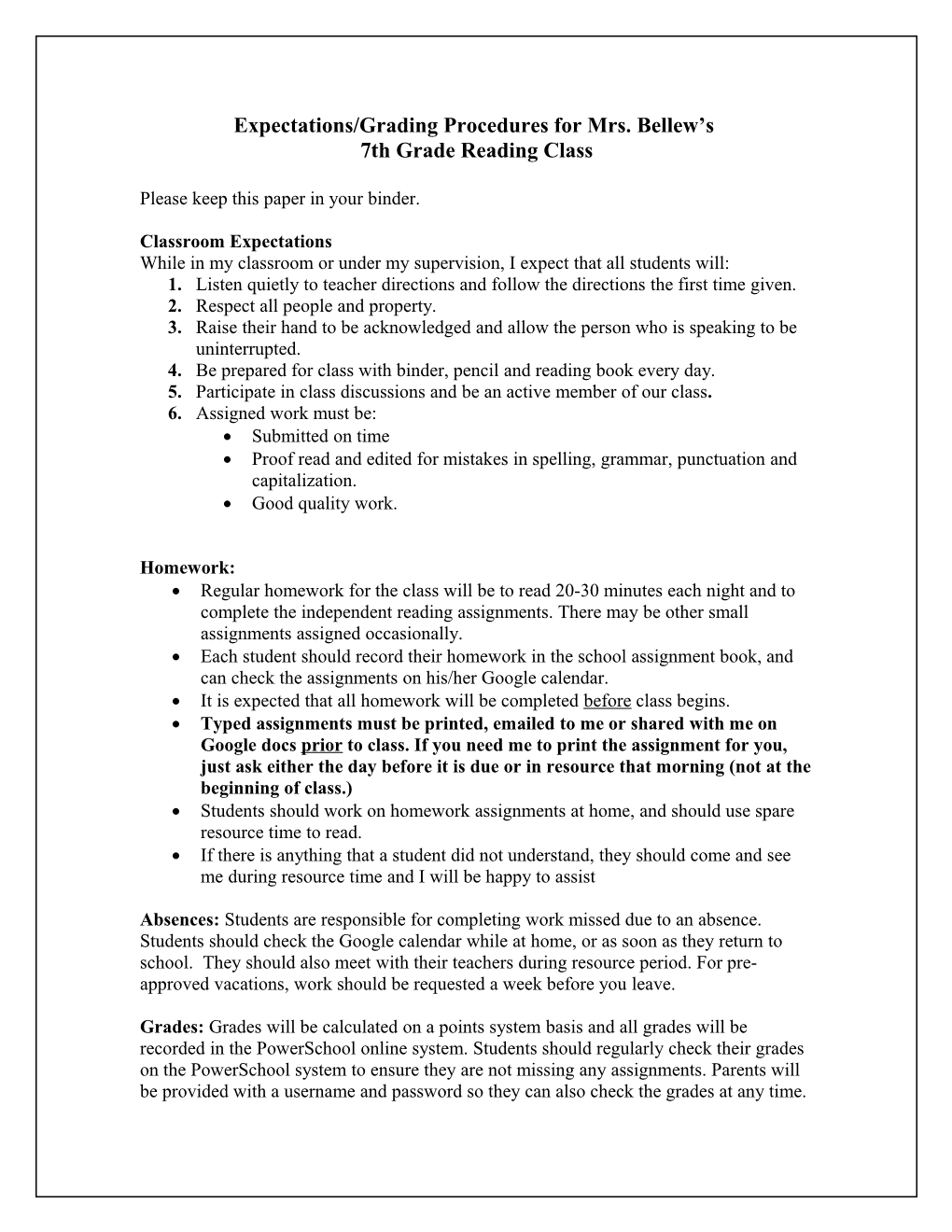 Expectations/Grading Procedures for Mrs