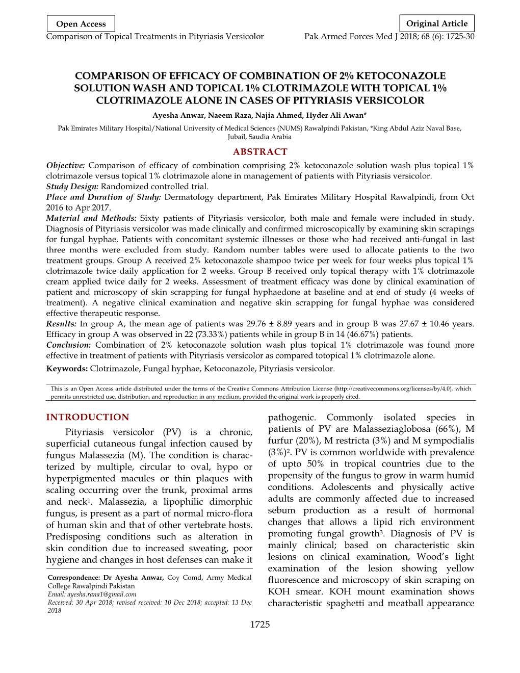 Comparison of Efficacy of Combination of 2% Ketoconazole