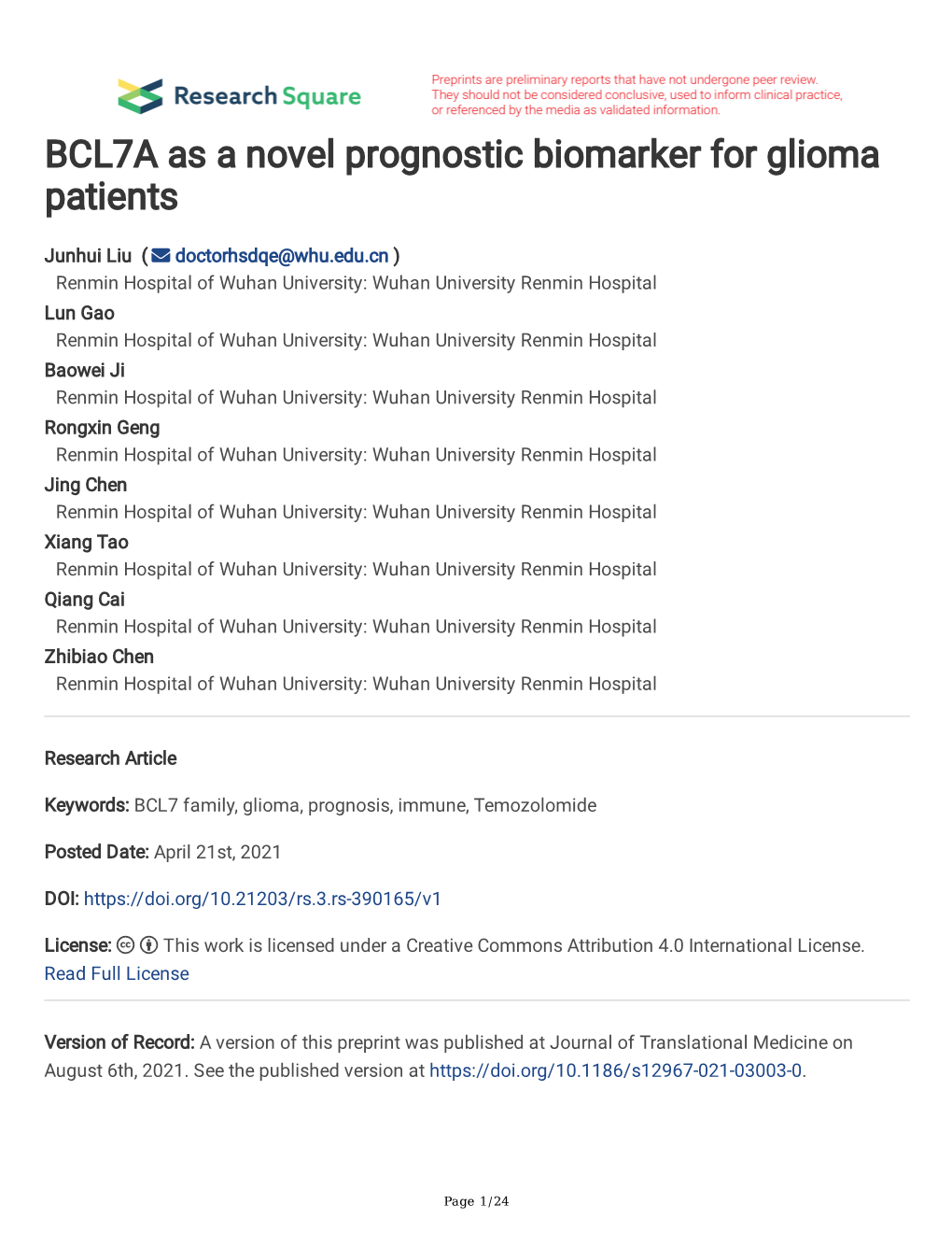 BCL7A As a Novel Prognostic Biomarker for Glioma Patients