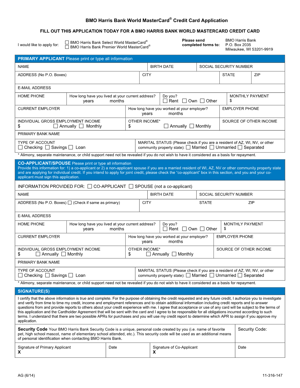 BMO Harris Bank World Mastercard® Credit Card Application