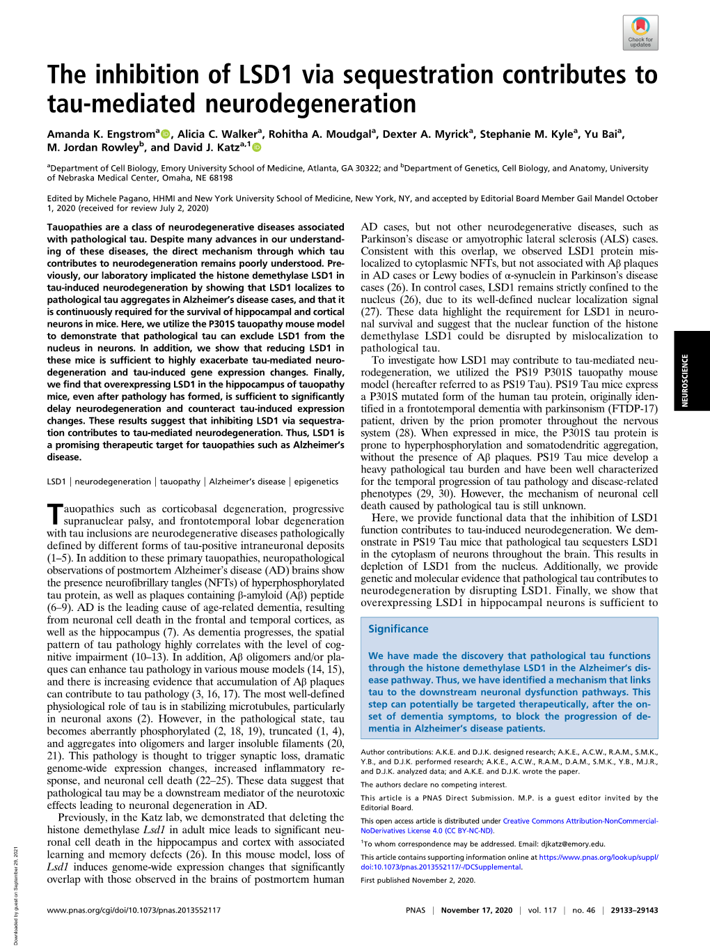 The Inhibition of LSD1 Via Sequestration Contributes to Tau-Mediated Neurodegeneration