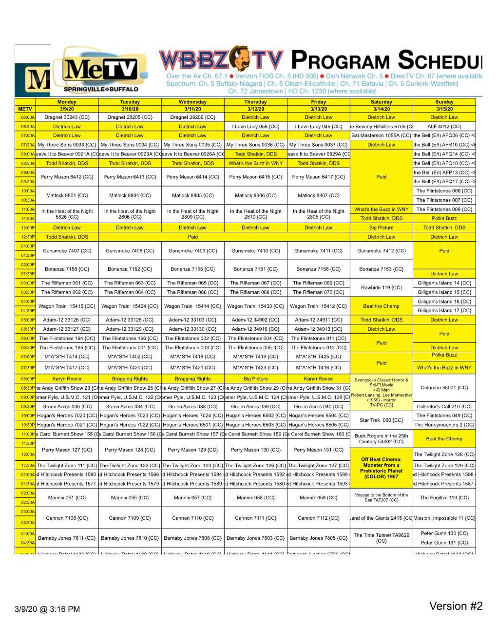 Me-TV Net Listings for 3-9-20