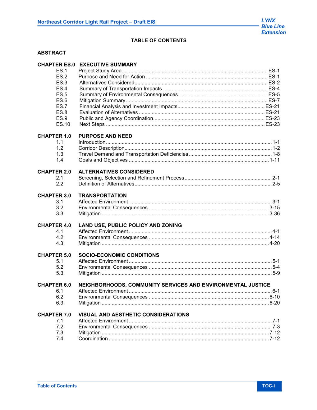 Northeast Corridor Light Rail Project – Draft EIS LYNX Blue Line Extension TABLE of CONTENTS