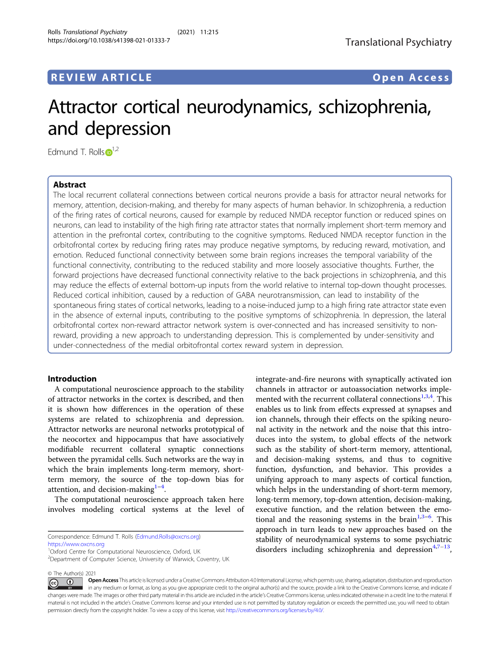 Attractor Cortical Neurodynamics, Schizophrenia, and Depression Edmund T