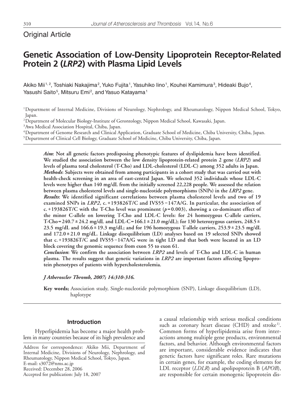 LRP2 Is Associated with Plasma Lipid Levels 311 Original Article