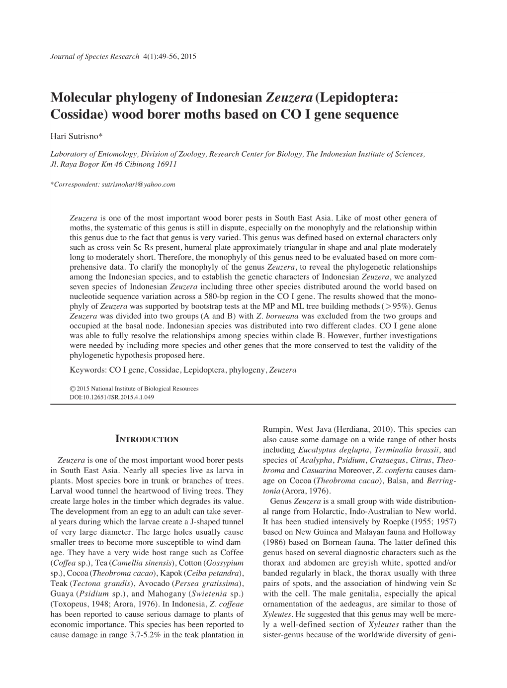 Molecular Phylogeny of Indonesian Zeuzera(Lepidoptera: Cossidae