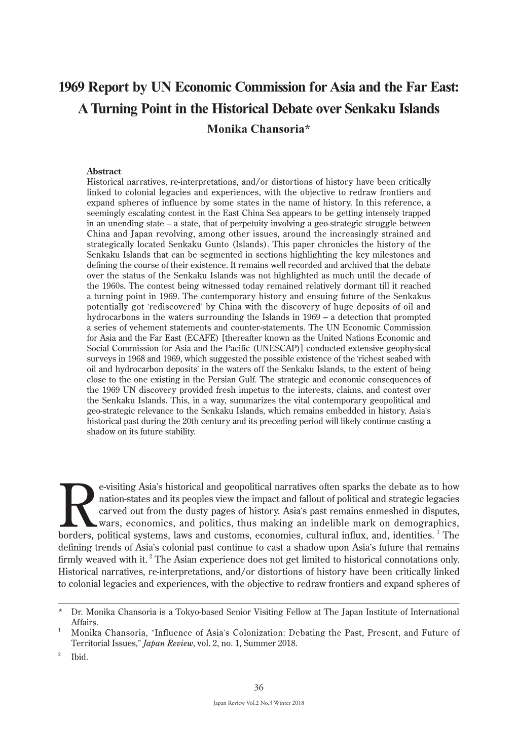 1969 Report by UN Economic Commission for Asia and the Far East: a Turning Point in the Historical Debate Over Senkaku Islands