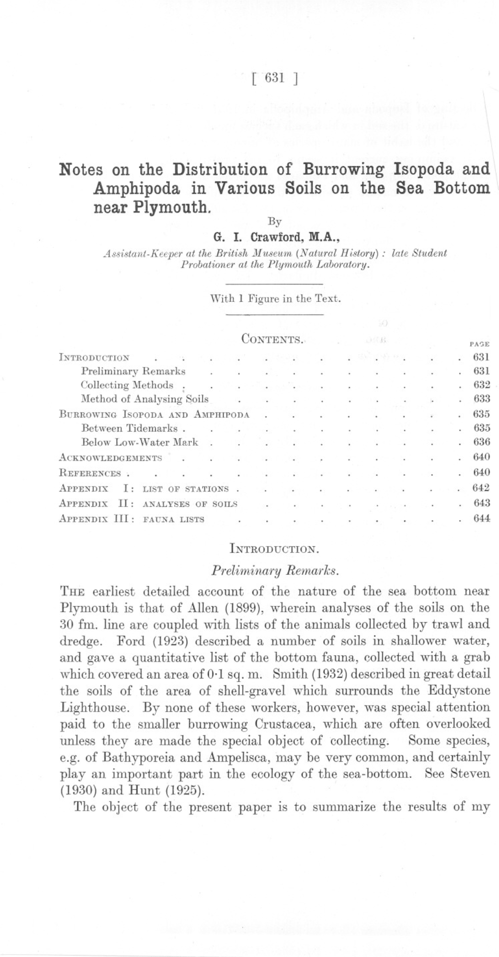 Notes on the Distribution of Burrowing Isopoda and Amphipoda in Various Soils on the Sea Bottom ~ Near Plymouth