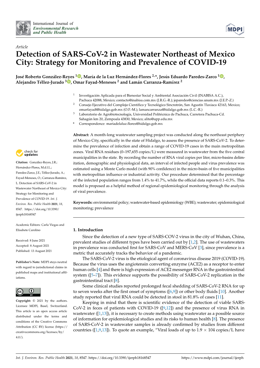 Detection of SARS-Cov-2 in Wastewater Northeast of Mexico City: Strategy for Monitoring and Prevalence of COVID-19