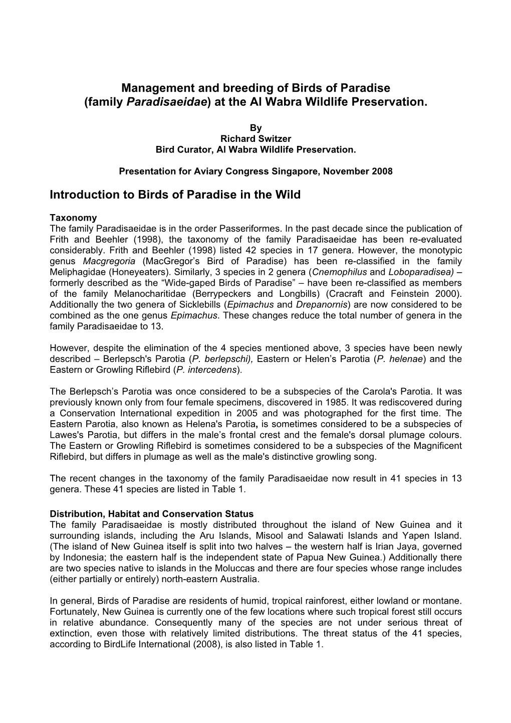 Management and Breeding of Birds of Paradise (Family Paradisaeidae) at the Al Wabra Wildlife Preservation