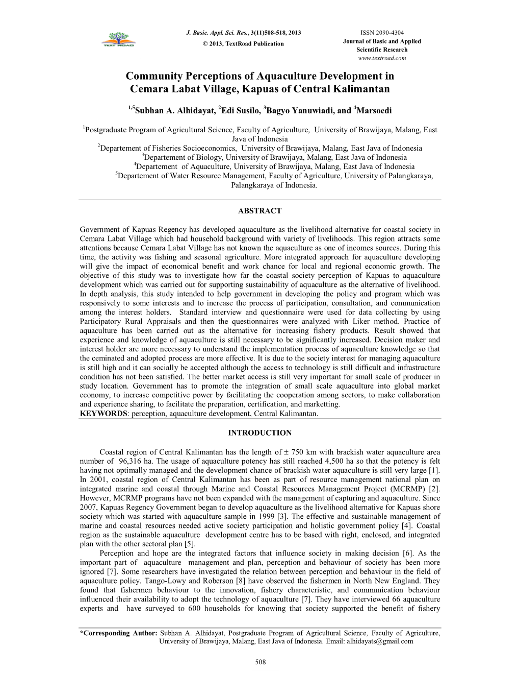 Community Perceptions of Aquaculture Development in Cemara Labat Village, Kapuas of Central Kalimantan