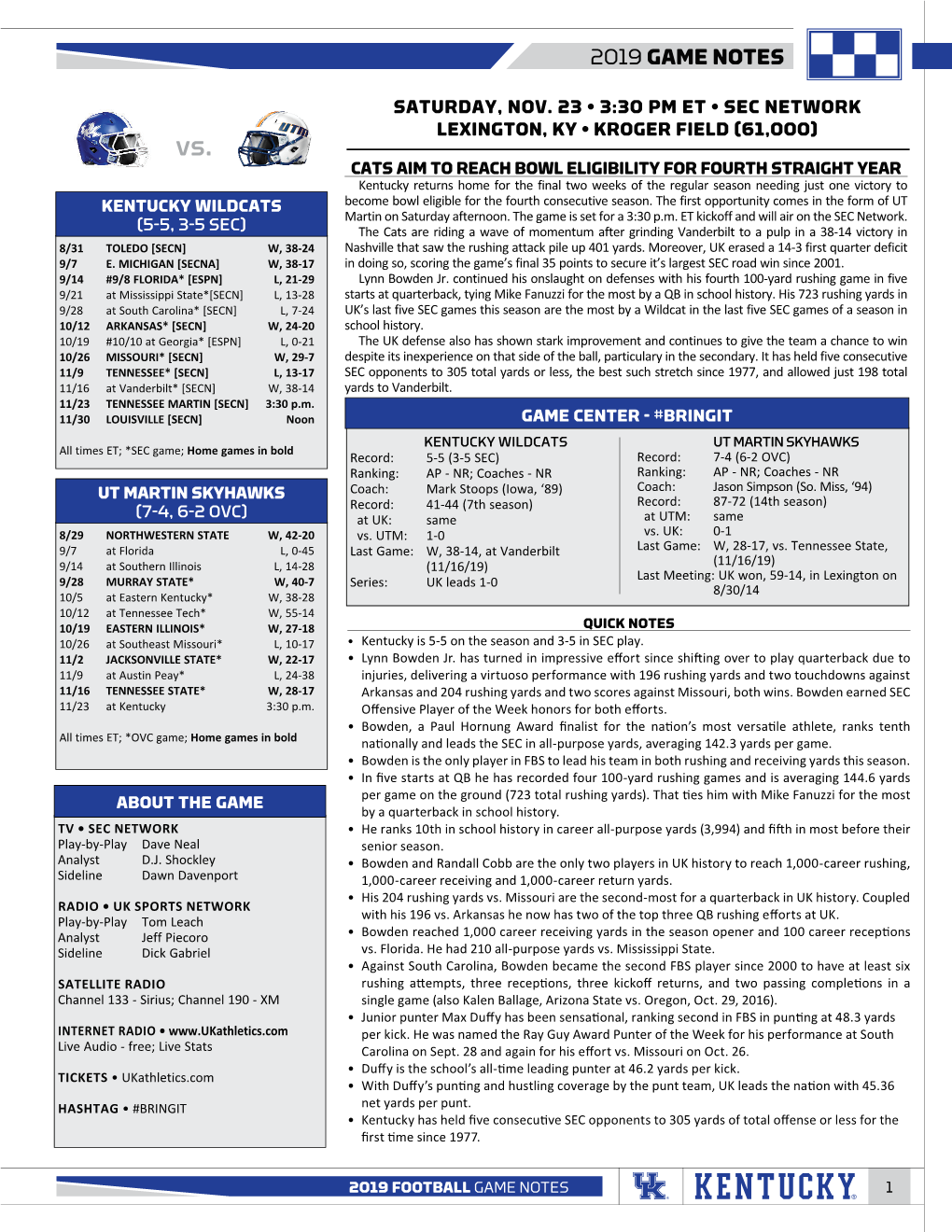 2019 Game Notes