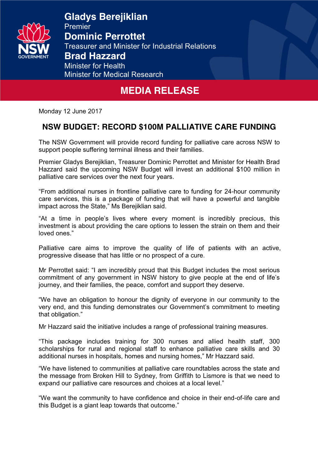 Gladys Berejiklian Dominic Perrottet Brad Hazzard MEDIA RELEASE