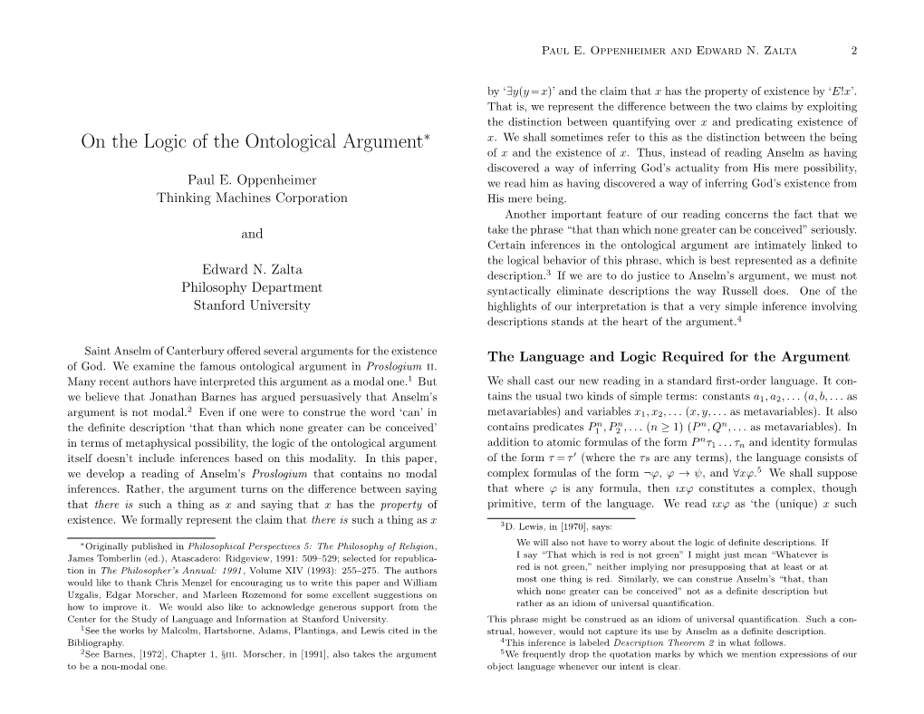 On the Logic of the Ontological Argument∗ X