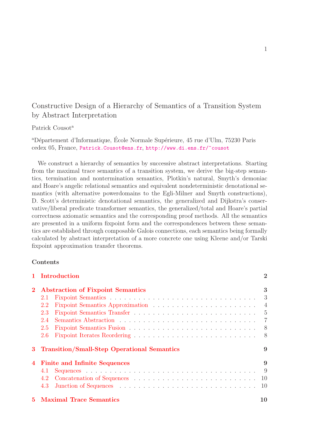 Constructive Design of a Hierarchy of Semantics of a Transition System by Abstract Interpretation