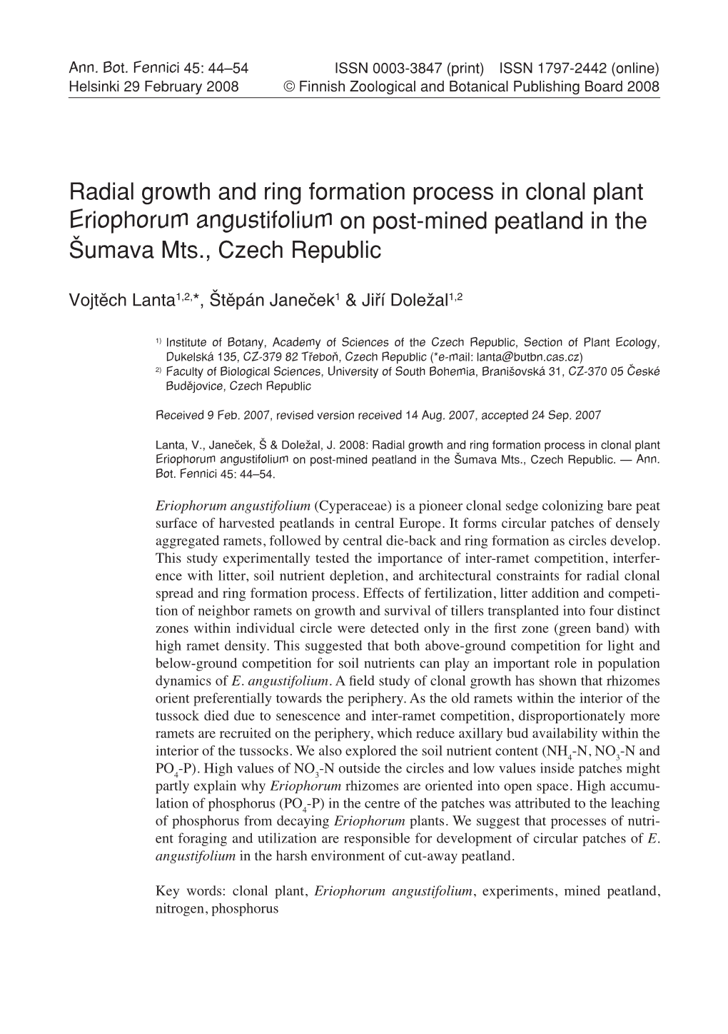 Radial Growth and Ring Formation Process in Clonal Plant Eriophorum Angustifolium on Post-Mined Peatland in the Šumava Mts., Czech Republic