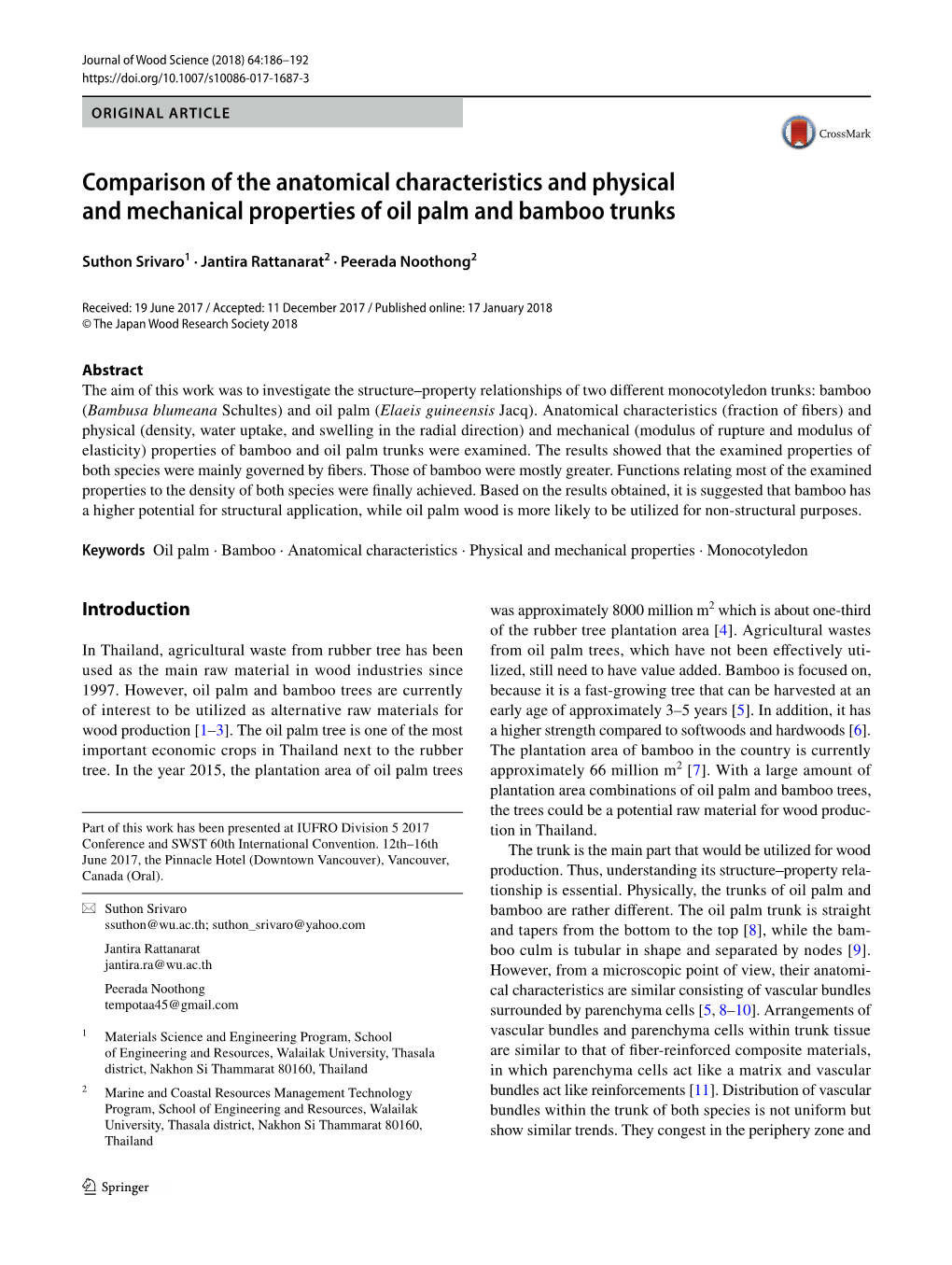 Comparison of the Anatomical Characteristics and Physical and Mechanical Properties of Oil Palm and Bamboo Trunks