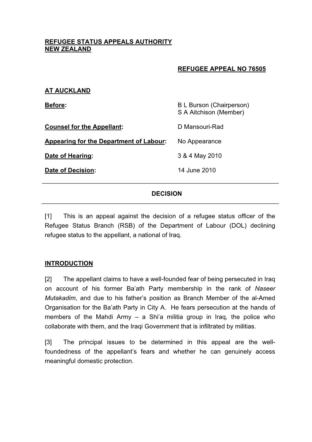 Refugee Status Appeals Authority New Zealand