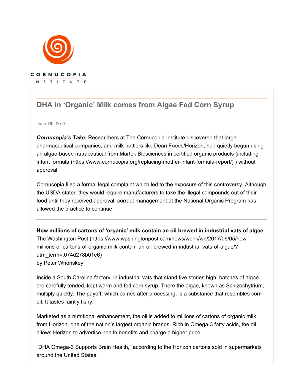 Organic’ Milk Comes from Algae Fed Corn Syrup