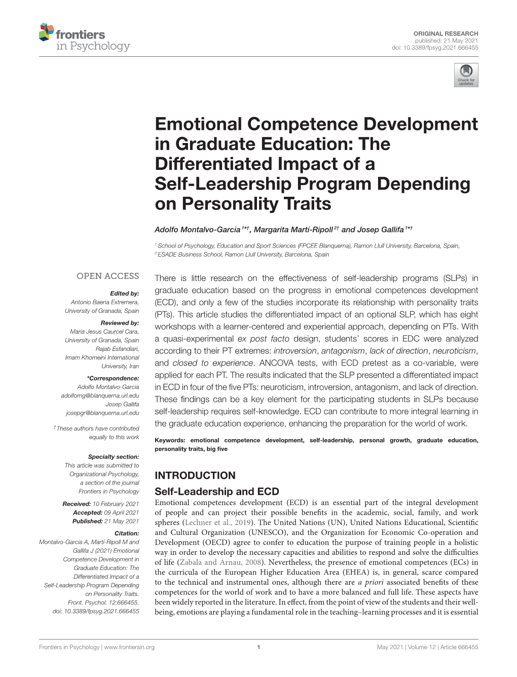 Emotional Competence Development in Graduate Education: the Differentiated Impact of a Self-Leadership Program Depending on Personality Traits