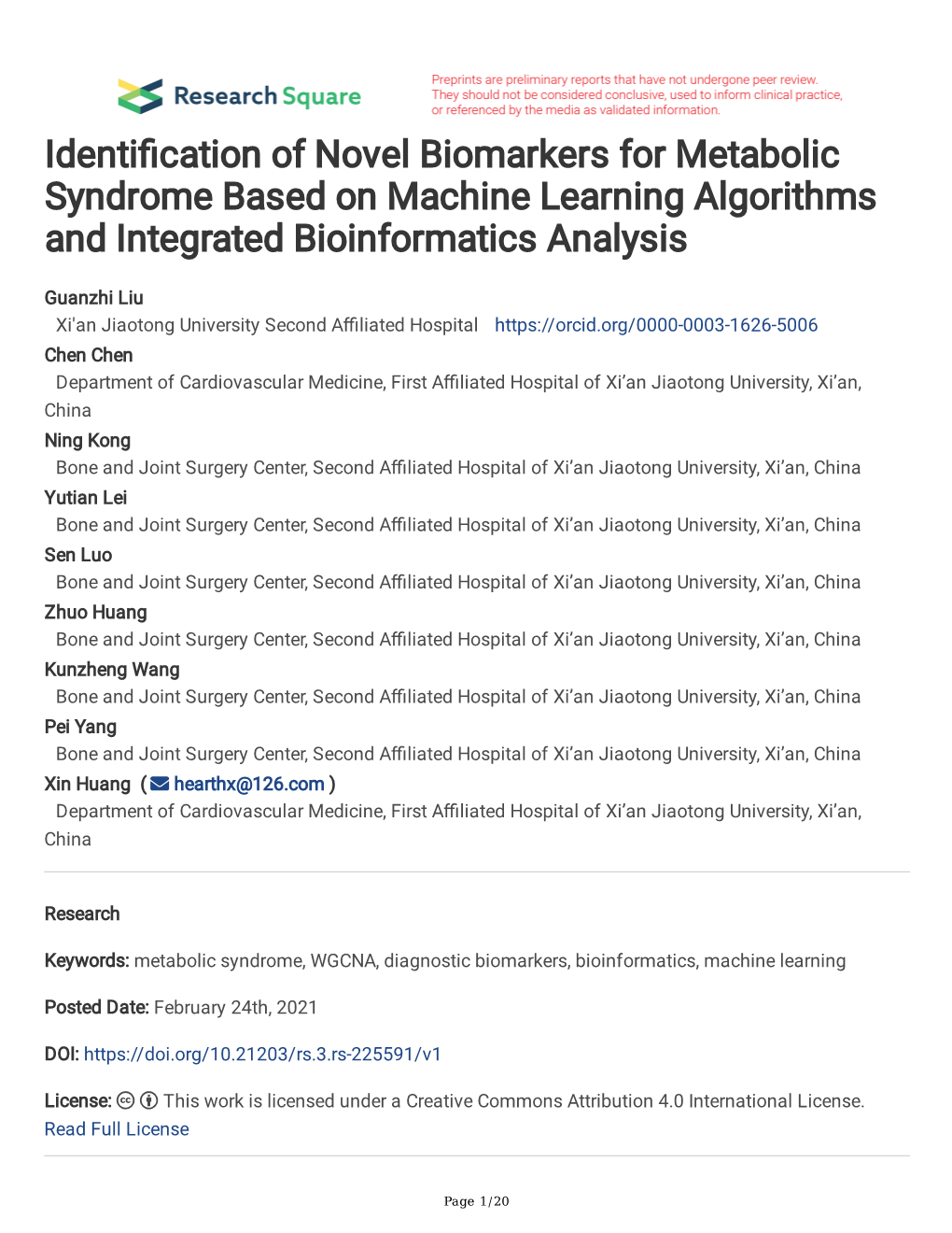 Identi Cation of Novel Biomarkers for Metabolic Syndrome Based On