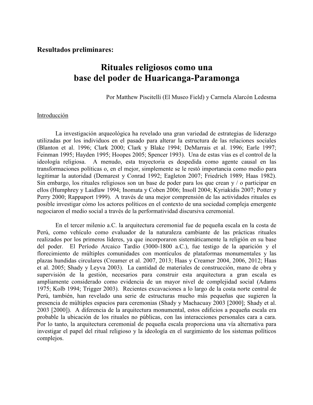 Rituales Religiosos Como Una Base Del Poder De Huaricanga-Paramonga