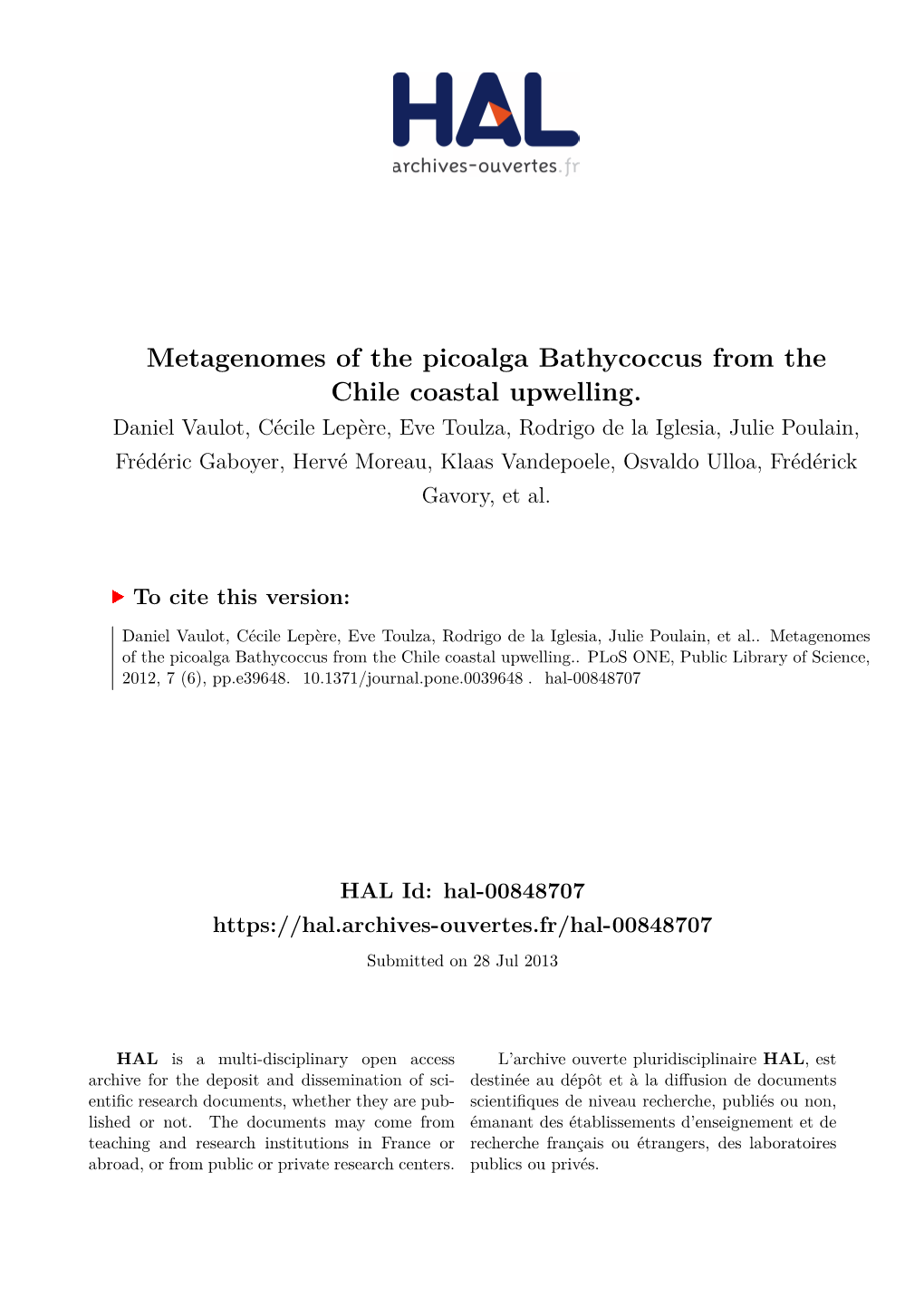 Metagenomes of the Picoalga Bathycoccus from the Chile Coastal Upwelling