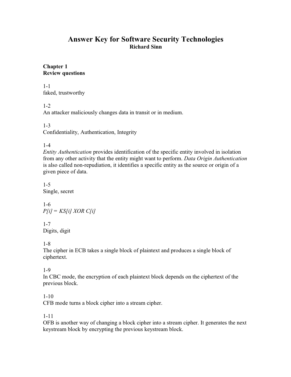 Answer Key for Software Security Technologies