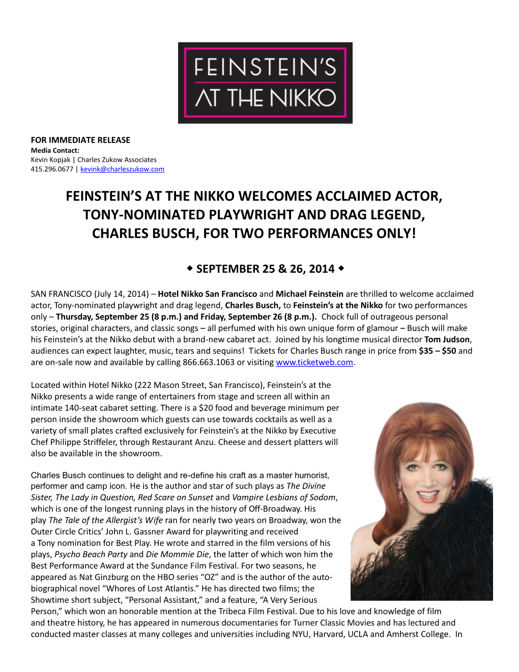 Feinstein's at the Nikko Welcomes Acclaimed Actor