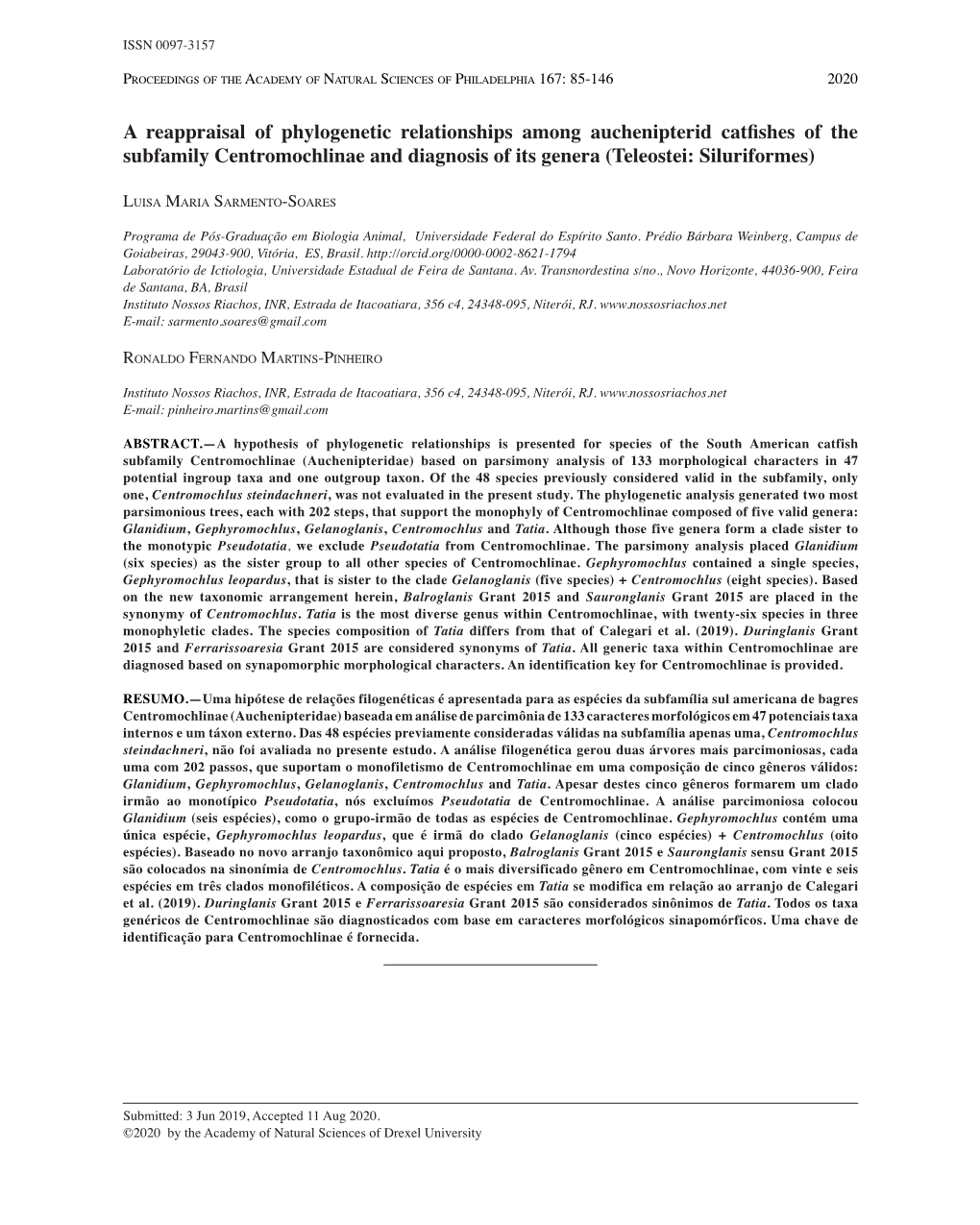 A Reappraisal of Phylogenetic Relationships Among Auchenipterid Catfishes of the Subfamily Centromochlinae and Diagnosis of Its Genera (Teleostei: Siluriformes)