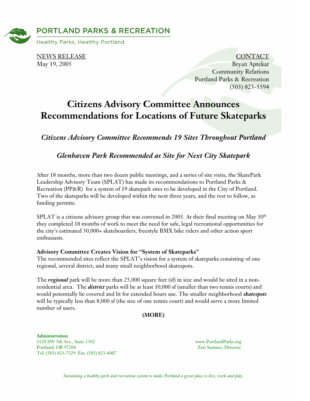 Citizens Advisory Committee Announces Recommendations for Locations of Future Skateparks