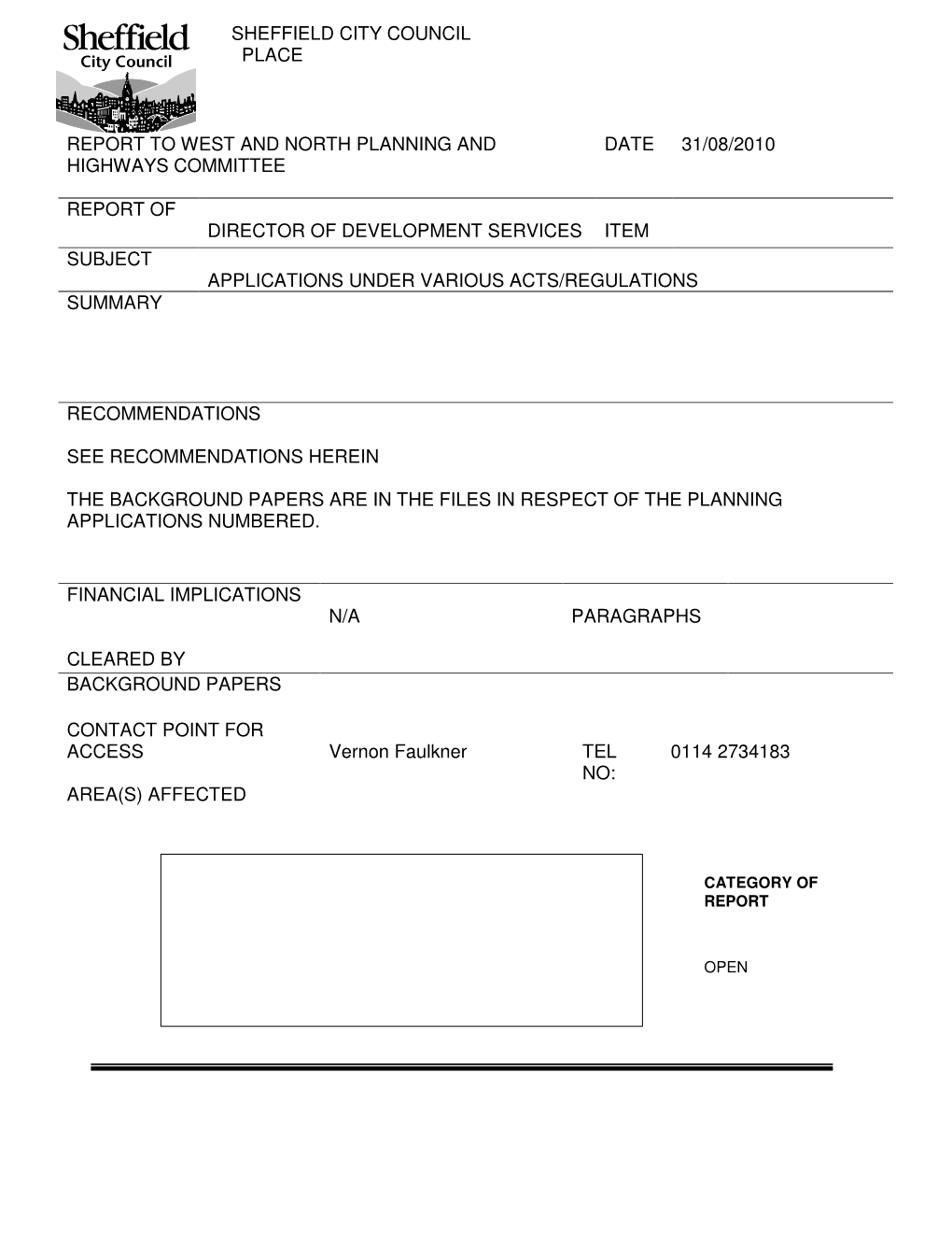 Sheffield City Council Place Report to West and North