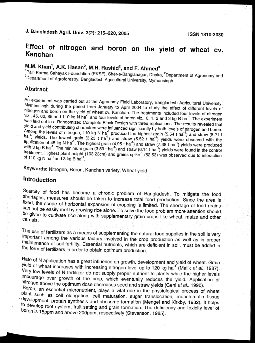 Effect of Nitrogen and Boron on the Yield of Wheat Cv. Kanchan