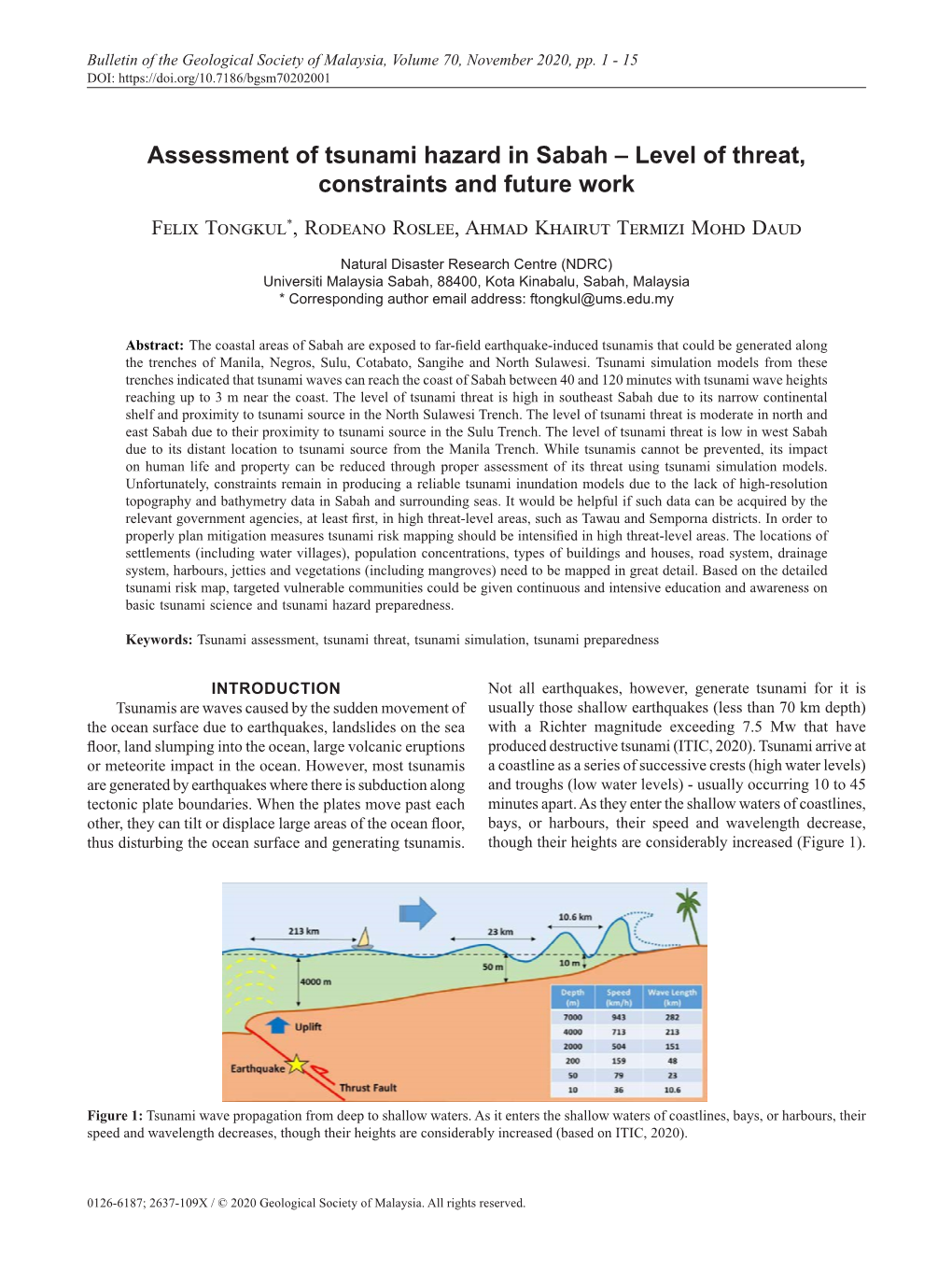 Assessment of Tsunami Hazard in Sabah – Level of Threat, Constraints and Future Work Felix Tongkul*, Rodeano Roslee, Ahmad Khairut Termizi Mohd Daud