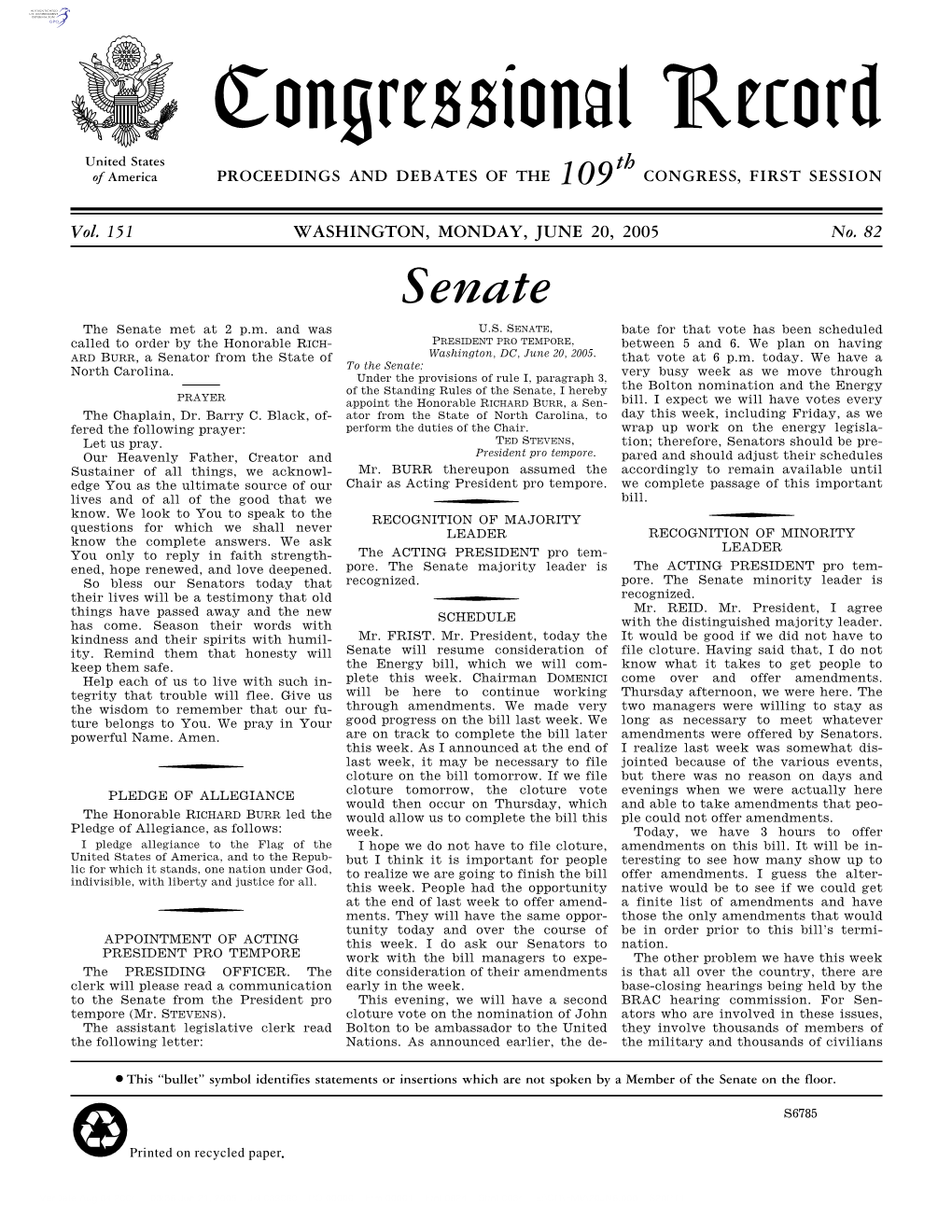 Congressional Record United States Th of America PROCEEDINGS and DEBATES of the 109 CONGRESS, FIRST SESSION