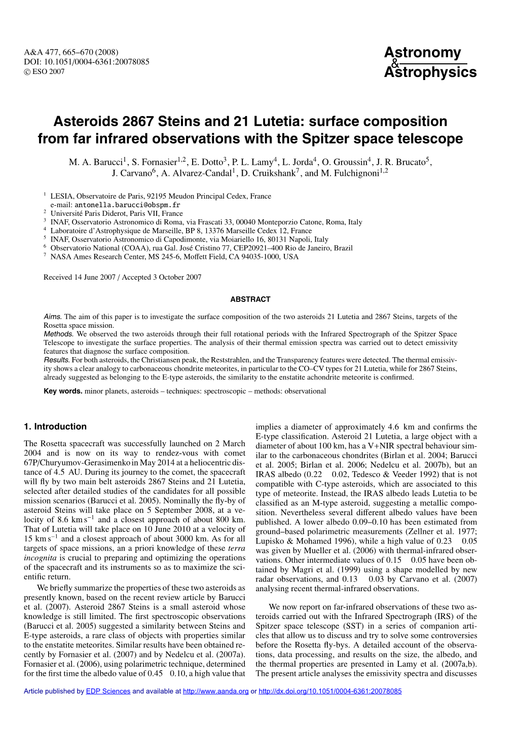 Asteroids 2867 Steins and 21 Lutetia: Surface Composition from Far Infrared Observations with the Spitzer Space Telescope