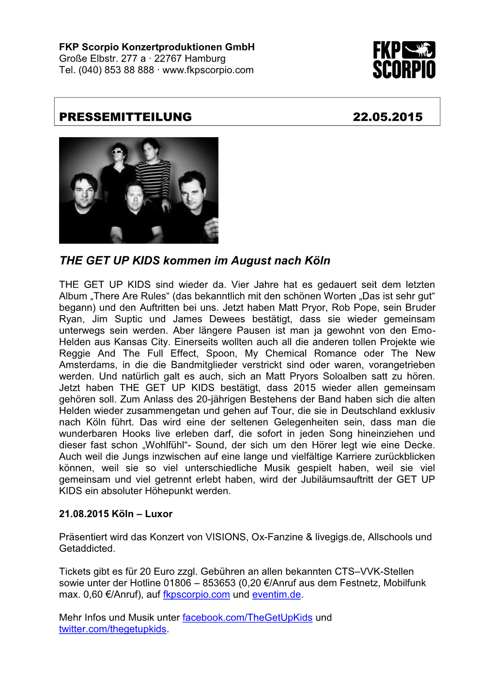 PRESSEMITTEILUNG 22.05.2015 the GET up KIDS Kommen Im