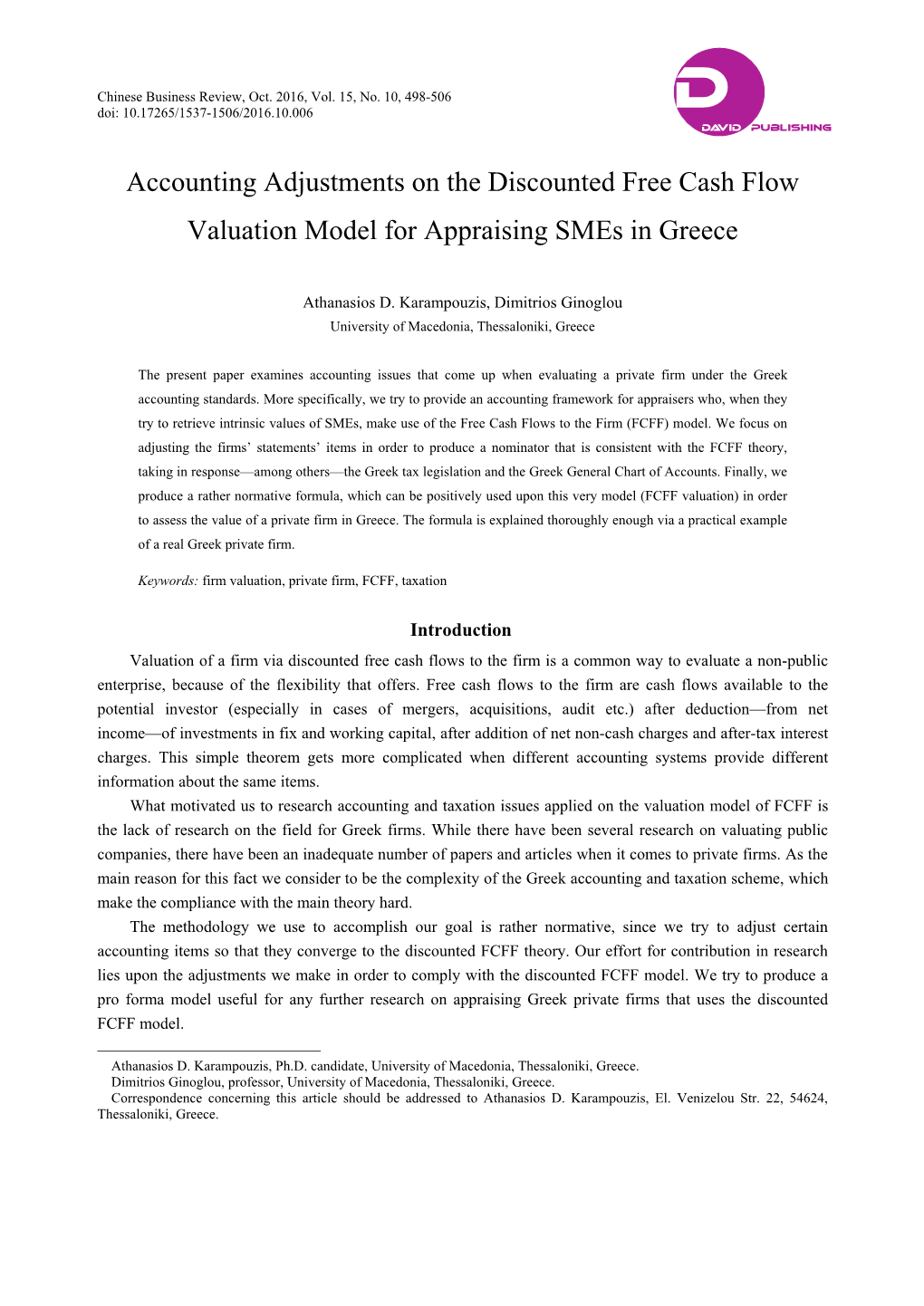 Accounting Adjustments on the Discounted Free Cash Flow Valuation Model for Appraising Smes in Greece