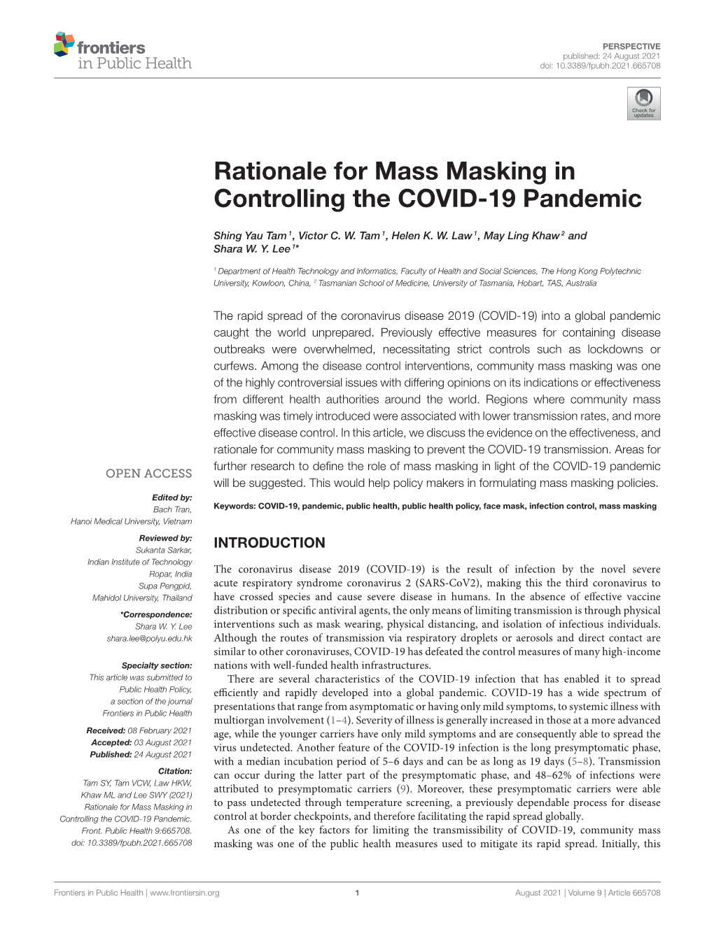 Rationale for Mass Masking in Controlling the COVID-19 Pandemic