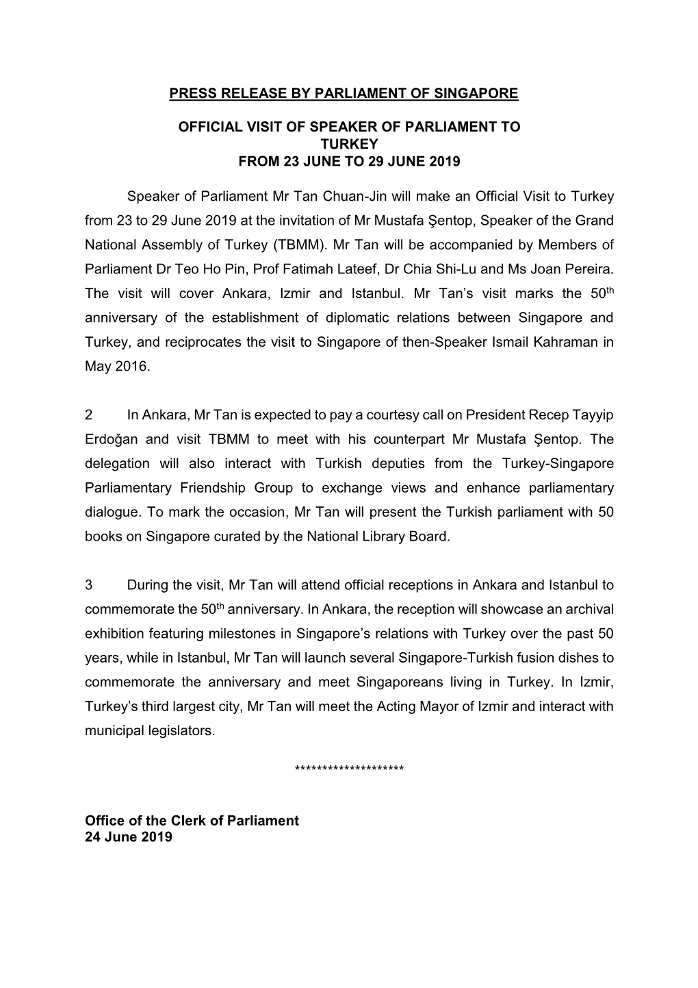 Press Release for Visit to Turkey by Speaker
