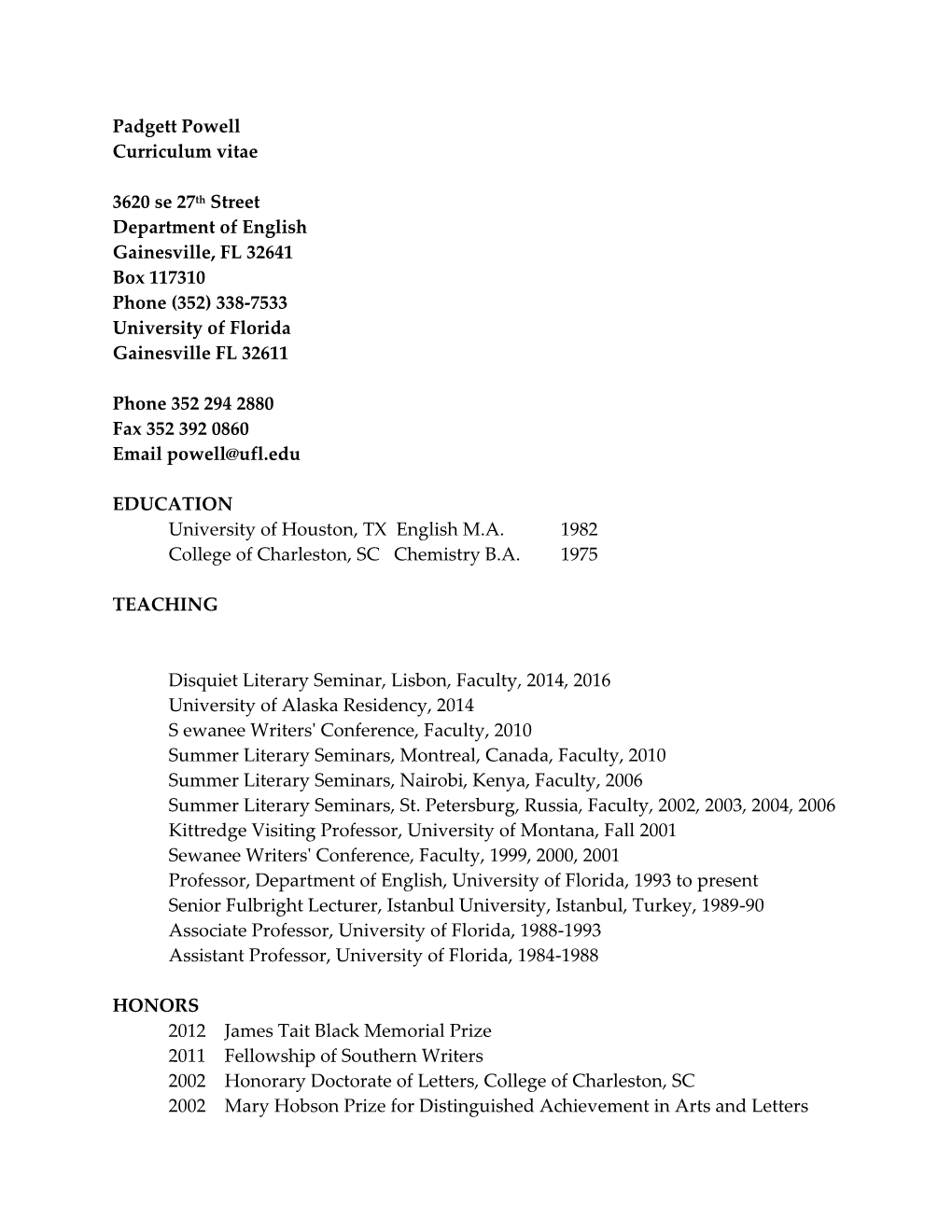 Padgett Powell Curriculum Vitae