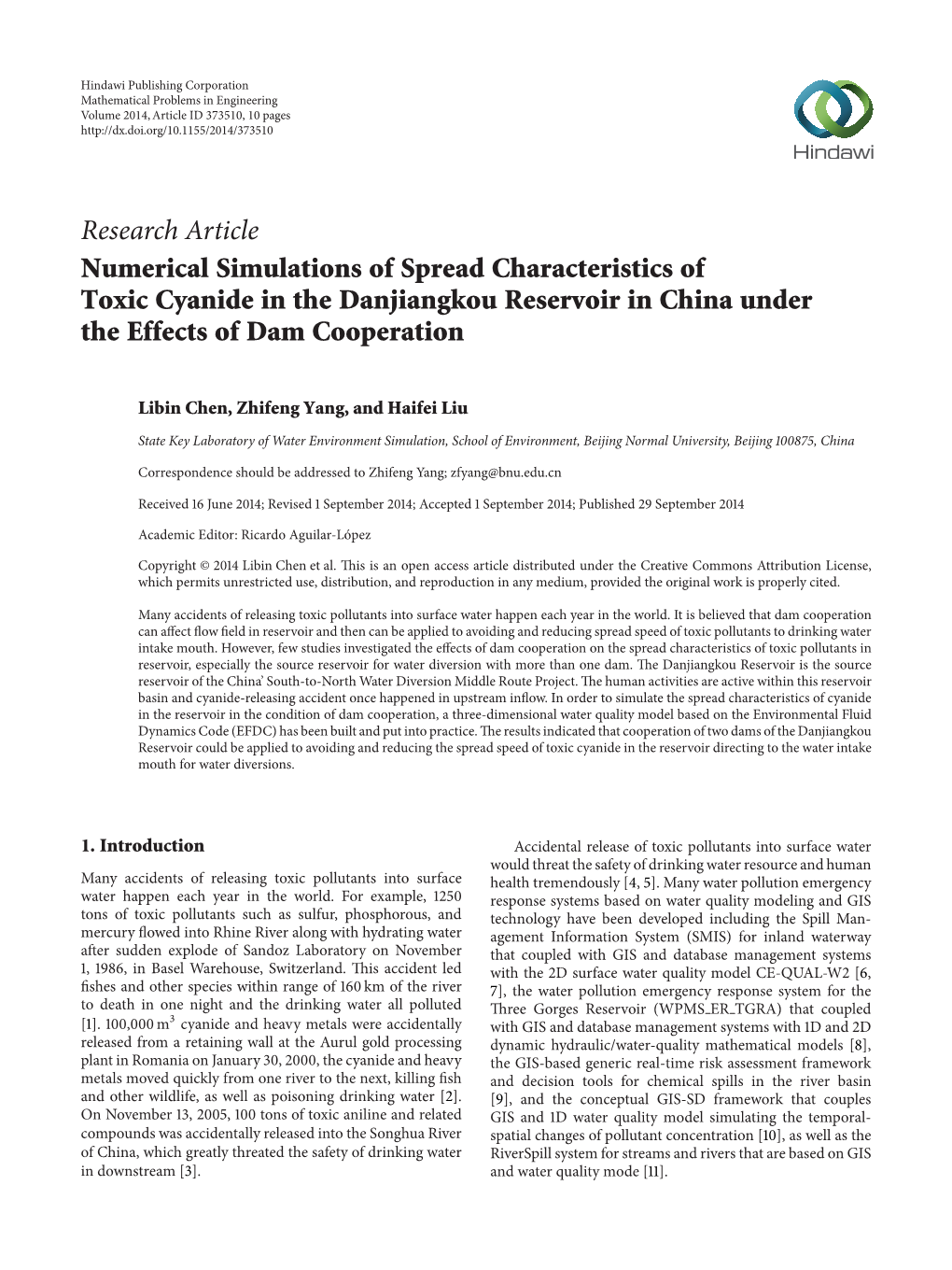 Numerical Simulations of Spread Characteristics of Toxic Cyanide in the Danjiangkou Reservoir in China Under the Effects of Dam Cooperation