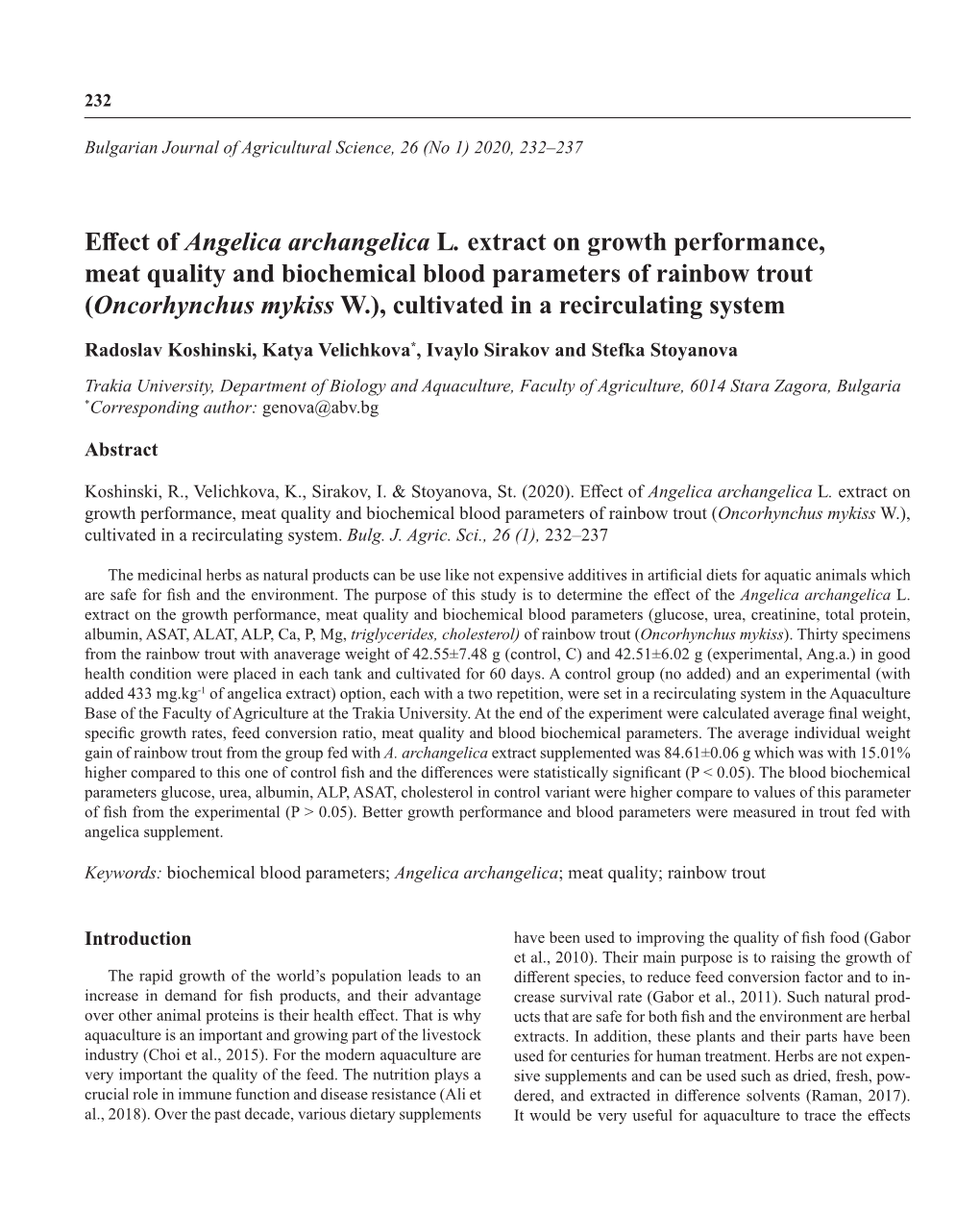 Effect of Angelica Archangelica L. Extract on Growth Performance