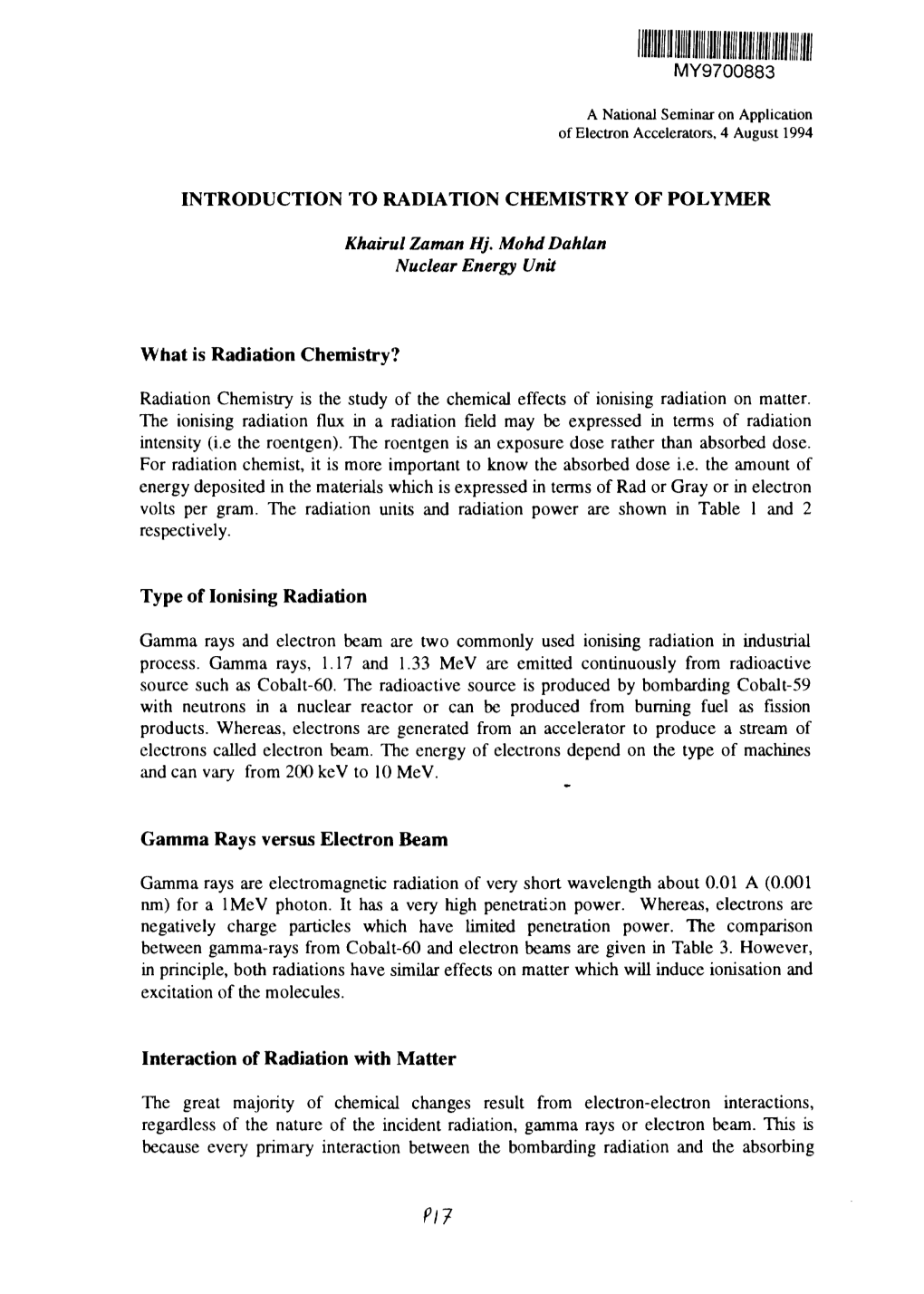 Type of Ionising Radiation Gamma Rays Versus Electro