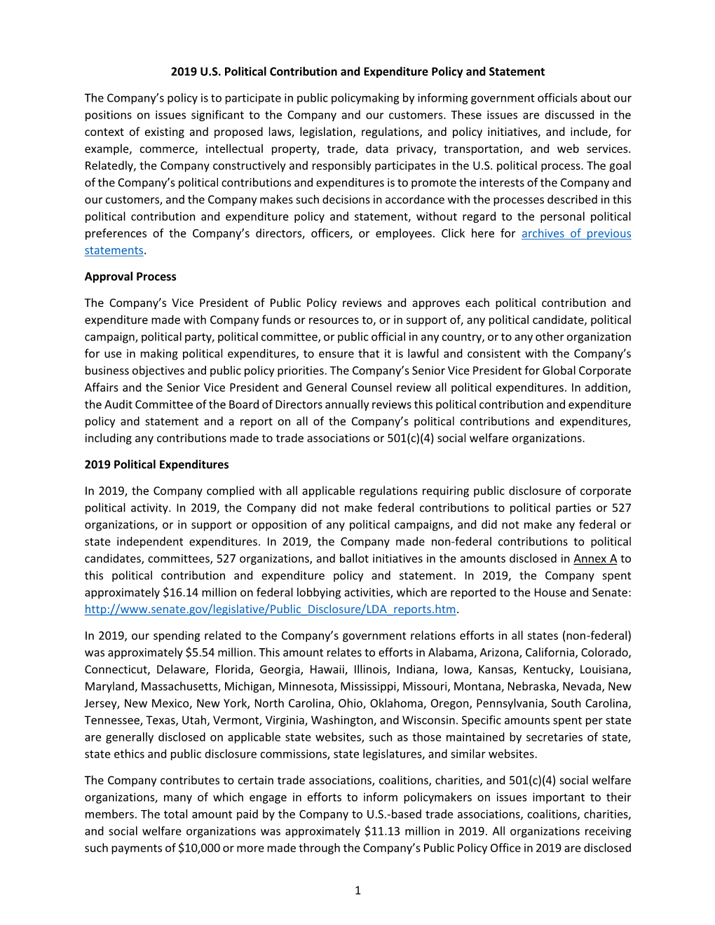 2019 U.S. Political Contribution and Expenditure Policy and Statement