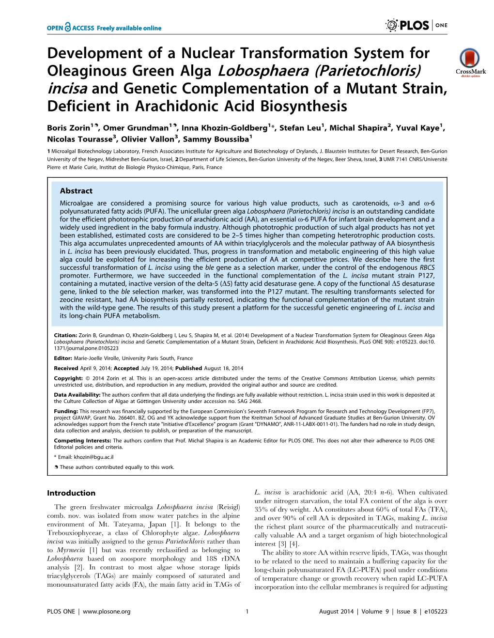 Oleaginous Green Alga Lobosphaera (Parietochloris) Incisa and Genetic Complementation of a Mutant Strain, Deficient in Arachidonic Acid Biosynthesis