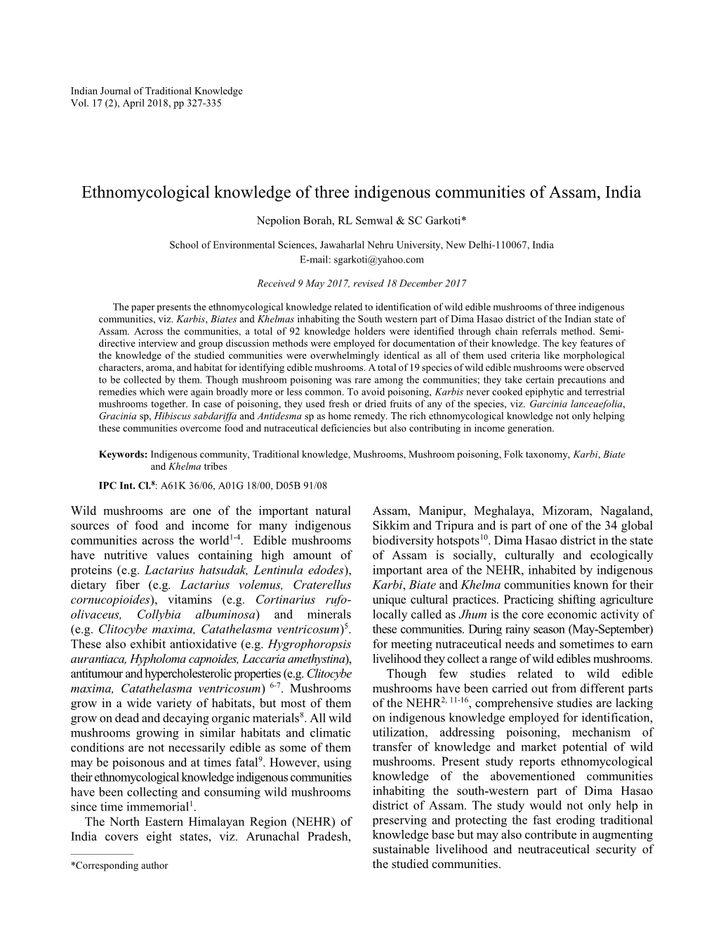 Ethnomycological Knowledge of Three Indigenous Communities of Assam, India