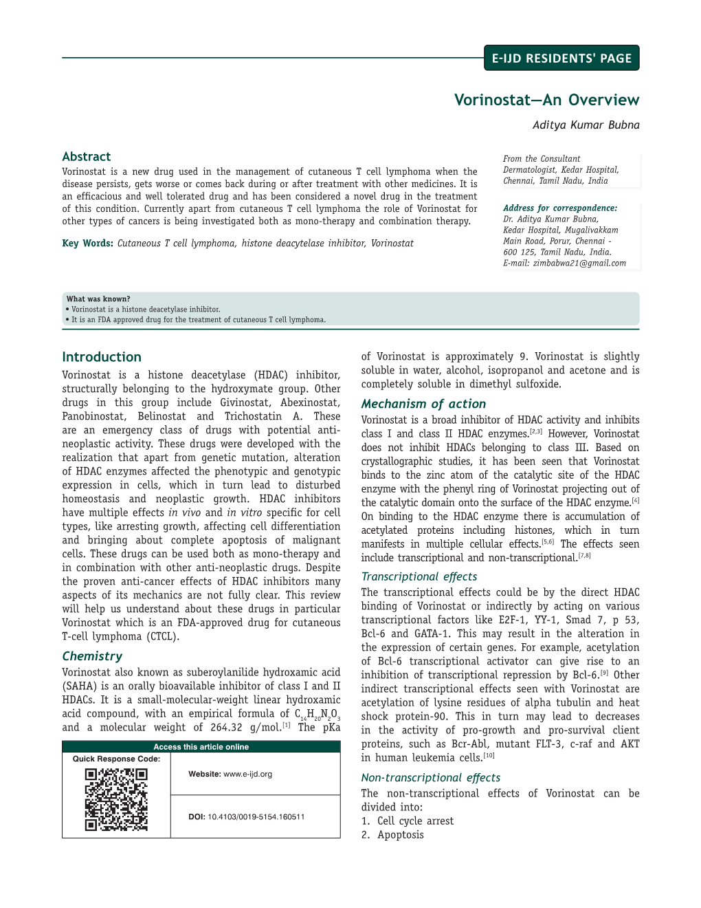 Vorinostat—An Overview Aditya Kumar Bubna